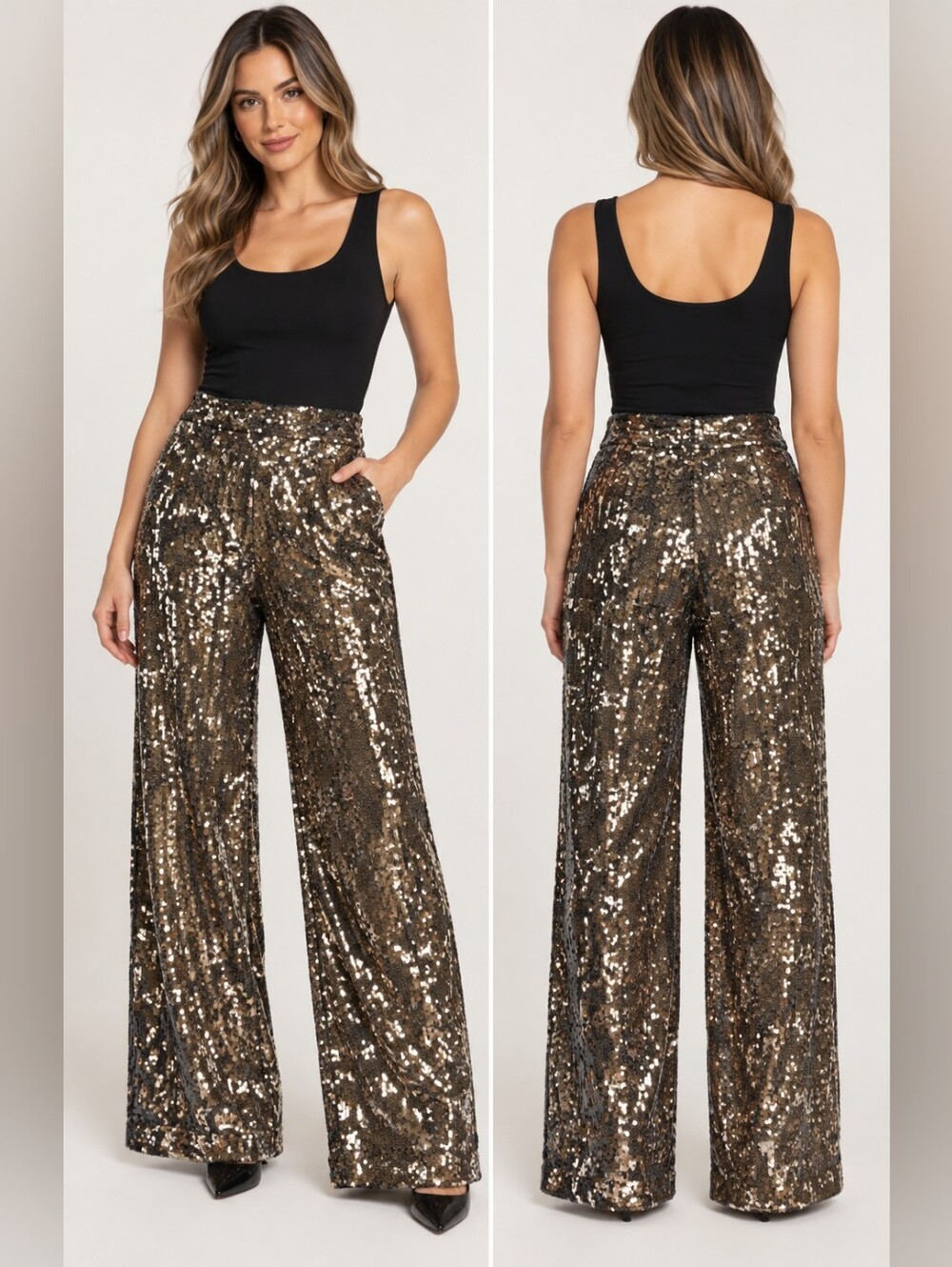 H&M Women’s Size 8 Black Gold Sequin Wide Leg Pants High Rise Party